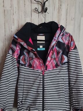 Women’s Black & White Striped Ski Jacket with Pink Patterned Hood